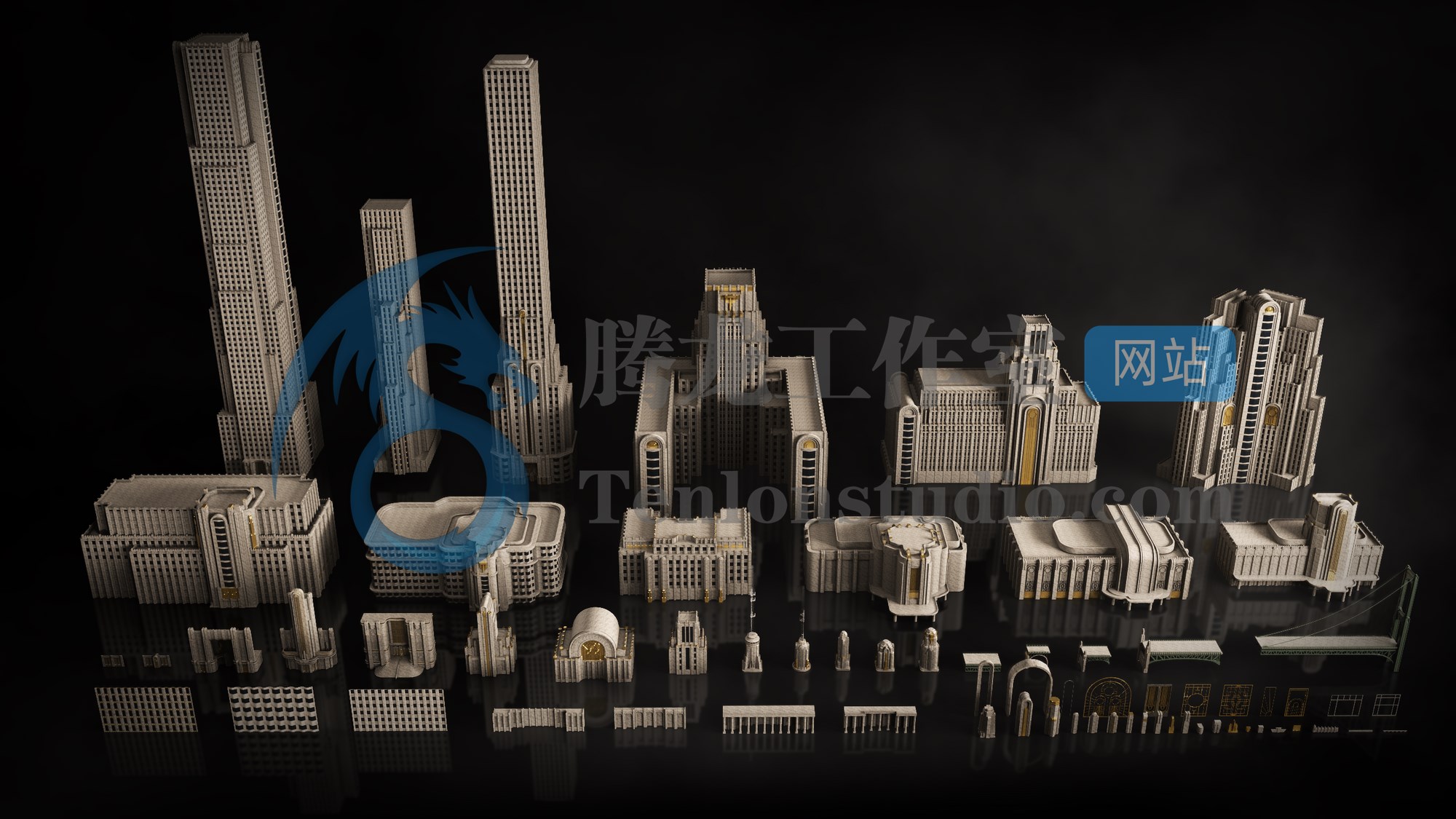 KitBash3D Art Deco - 西方奢华大都市建筑场景3D模型插图1