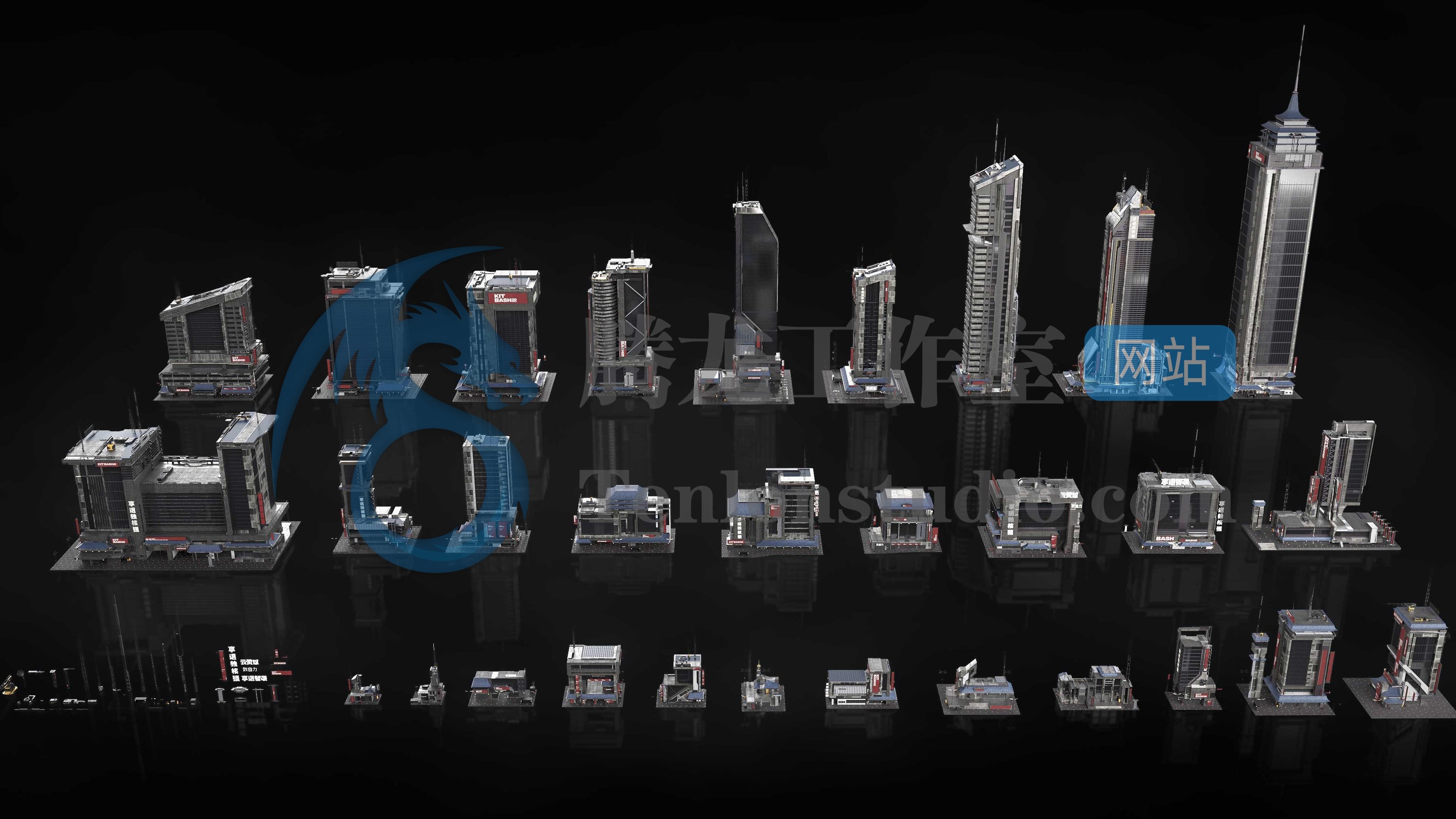 KitBash3D Neo Shanghai - 亚洲科幻风格未来大都市建筑场景3D模型插图1