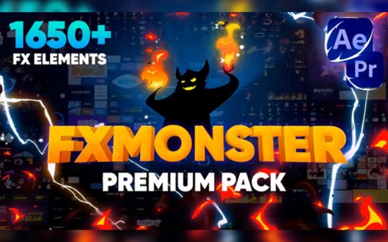 FX Monster Premium Pack – 1650多个2D动漫卡通标题转场火焰烟雾闪电水流视频模板