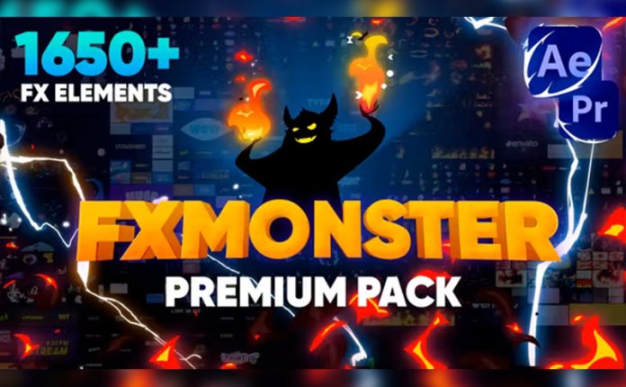 FX Monster Premium Pack – 1650多个2D动漫卡通标题转场火焰烟雾闪电水流视频模板