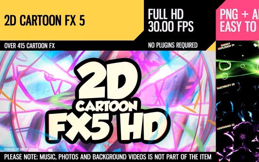 2D Cartoon FX 5 HD – 400多个2D闪电灯光能量爆炸烟雾动画特效高清视频素材