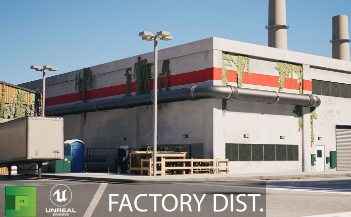 PolyPixel Factory District – 现代工厂火车运输场景模型虚幻引擎资产包